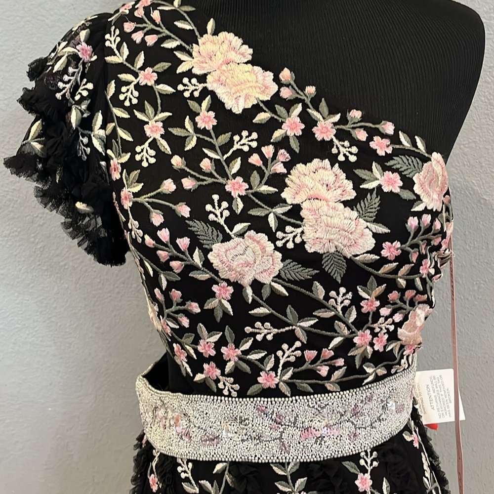 Mac Duggal Embroidered Ruffled One Shoulder Lace Up Gown Black Multi Size - Picture 7 of 17
